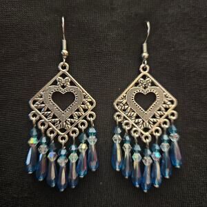 Antique silver filigree heart and peacock blue glass crystal chandelier earrings
